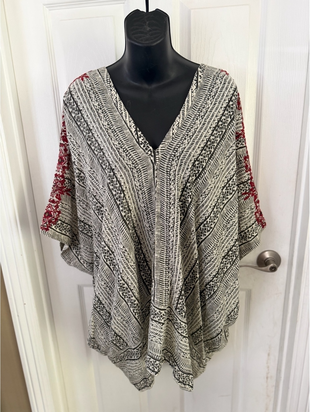Free People Printed Poncho Top with red embroidered sleeves size M